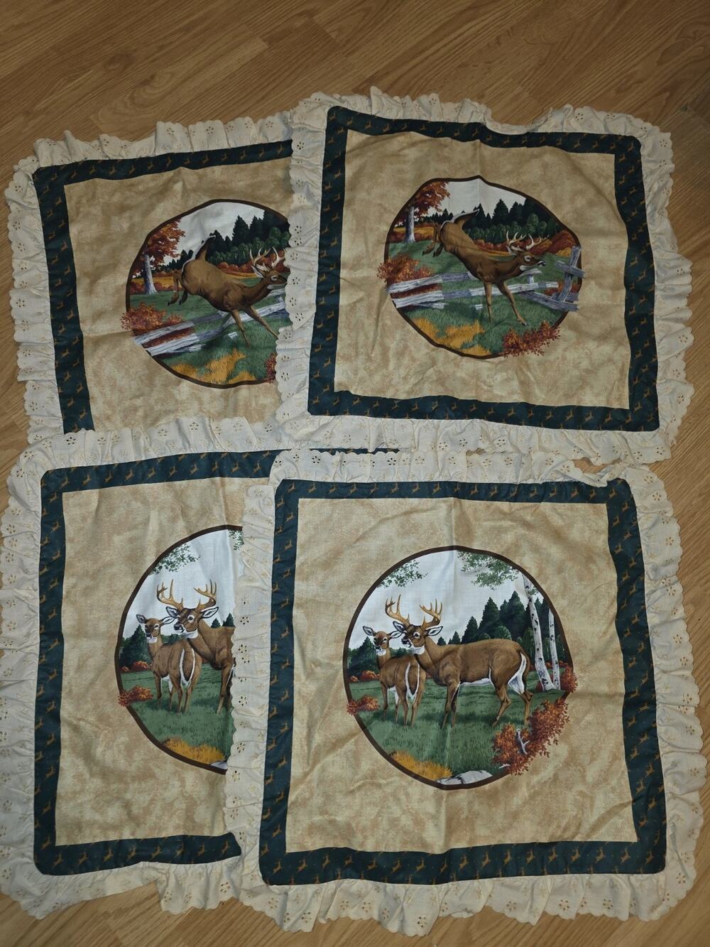 Vtg White Tale Deer Pillow Covers Handmade Set Of 4 Hunting Lodge Cabin Man Cave